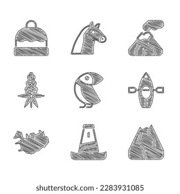 Set Albatross, Lighthouse, Mountains, Kayak and paddle, Map of Iceland, Lupine flower, Volcano and Beanie hat icon. Vector