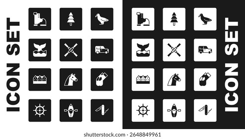 Set Albatross, Oars or paddles boat, Whale tail, Winter warm boot, Car, Tree, Socks and Norwegian wooden house icon. Vector