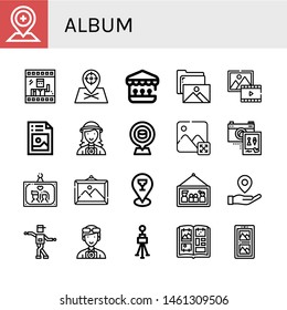 Set of album icons such as Placeholder, Photo, Shooting gallery, Gallery, Picture, Photographer, Image, Wedding photo, Shuffle, Tripod, Photo album , album