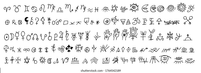 Set of alchemical, astrological and esoteric signs. Symbols of zodiac signs, planets, asteroids. Vector black icons isolated on a white background. Sketch in Doodle style.