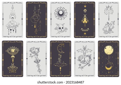 A set of alchemical esoteric mystical magic templates for tarot cards, banners, leaflets, posters,brochures, stickers. Esoteric linear engravings with astrological symbols. Cards with esoteric symbols