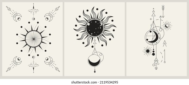 A set of alchemical esoteric mystical magic templates for tarot cards, banners, leaflets, posters,brochures, stickers. Mystical composition with moon phases, stars, arrows. Cards with esoteric symbols