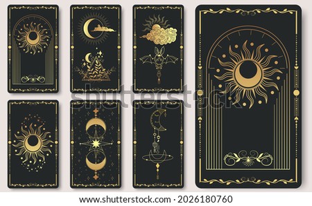 A set of alchemical esoteric mystical magic templates for tarot cards, banners, leaflets, posters,brochures, stickers. Esoteric linear engravings with astrological symbols. Cards with esoteric symbols