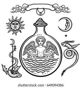 Set of alchemical symbols. Child in a test tube, the homunculus, chemical reaction. Angel. Life origin. Mystical snakes. Vector illustration isolated on a white background.