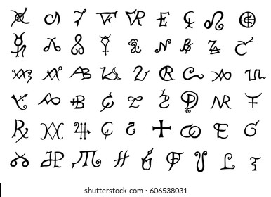 A set of alchemical symbols isolated on white. Hand drawn elements for design. Mystical, esoteric, occult theme.