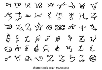 A set of alchemical symbols isolated on white. Hand drawn elements for design. Mystical, esoteric, occult theme.