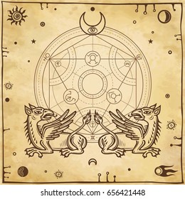 Set of alchemical symbols. Mythical dragons protect a mysterious alchemical circle.  Religion, mysticism, occultism, sorcery. Background - imitation of old paper. Vector illustration.