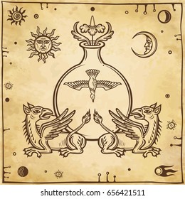 Set of alchemical symbols. Mythical dragons protect a test tube with a bird.  Religion, mysticism, occultism, sorcery.  Background - imitation of old paper. Vector illustration.