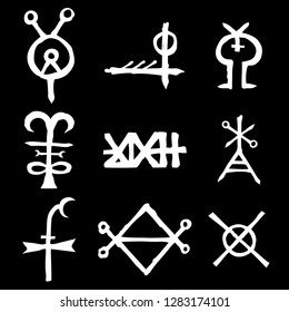 Set of alchemical symbols on the theme of old manuscript with occult lyrics alphabet and symbols. Esoteric written signs inspired by medieval writings. Vector 
