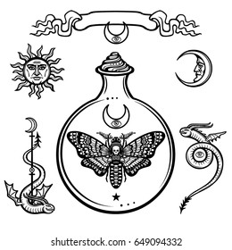 Set of alchemical symbols. Origin of life. Moth Dead Head in a test tube. Religion, mysticism, occultism, sorcery.Vector illustration isolated on a white background.
