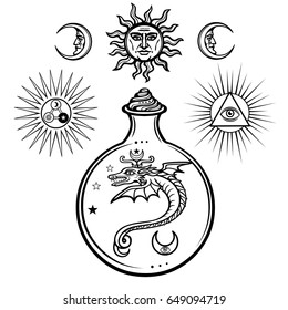 Set of alchemical symbols. Origin of life. Mystical snakes in a flask. Religion, mysticism, occultism, sorcery.Vector illustration isolated on a white background.