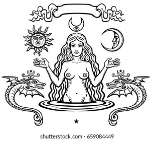 Set of alchemical symbols: young beautiful woman holds  sun and  moon in hand. Eve's image, fertility, temptation. Esoteric, mystic, occultism. Vector illustration isolated on a white background.