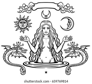 Set of alchemical symbols: young beautiful woman holds  sun and  moon in hand. Eve's image, fertility, temptation. Esoteric, mystic, occultism. Vector illustration isolated on a white background.