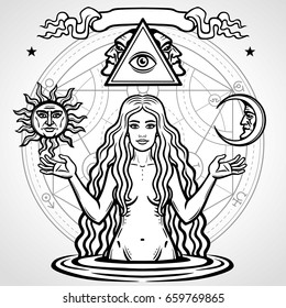 Set of alchemical symbols: young beautiful woman holds  sun and  moon in hand. Eve's image, fertility, temptation. Esoteric, mystic, occultism. Vector illustration isolated on a  grey background.