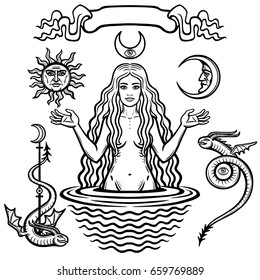 Set of alchemical symbols: young beautiful woman holds  sun and  moon in hand. Eve's image, fertility, temptation. Esoteric, mystic, occultism. Vector illustration isolated on a white background.