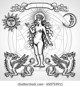 Set of alchemical symbols. Young woman, life origin. Mystical animals griffins. Background - an alchemical circle. Vector illustration isolated on a grey background.  