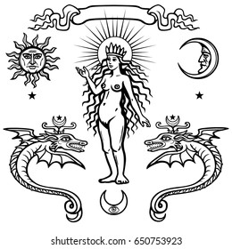 Set of alchemical symbols. Young woman, life origin. Mystical snakes. Vector illustration isolated on a white background.