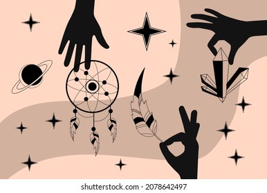 Set of alchemy. Black hands take ingredients. Protection from dark forces, potions, witchcraft, witch. Esoteric, unusual energy, boho pictures, minimalistic patterns. Cartoon flat vector illustration