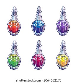 Set aus alchemistischen Flaschen einzeln auf weißem Hintergrund. Vektorspielartikel