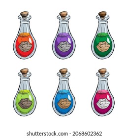 Set of alchemy bottles isolated on white background. Vector game items
