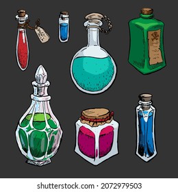 Set of alchemy bottles isolated on black background. Vector illustration items
