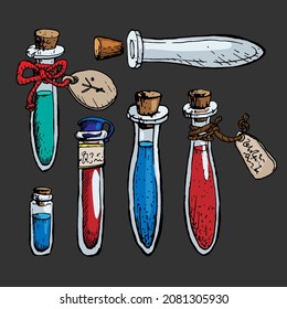 Set of alchemy bottles isolated on black background. Vector illustration of game items