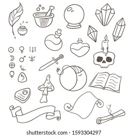Set of alchemy doodles. Occultism objects in outline. Easy to change colors.