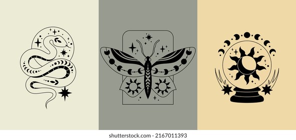 Set of alchemy esoteric. Collection of minimalistic posters or banners for website with abstract patterns. Mysticism, magic and sorcery. Cartoon flat vector illustrations isolated on white background