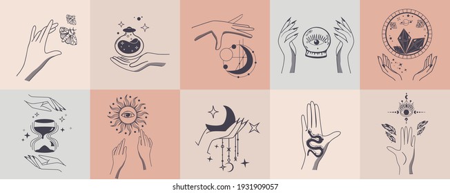 Set of alchemy esoteric mystical magic with woman hands. Esoteric linear prints with astrological symbols, crystals, sun, hourglass, potion, evil eye, occult hand. For tattoo boho, witchcraft esoteric
