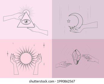 Set of alchemy esoteric mystical magic celestial talisman with woman hands, sun, moon, stars sacred geometry isolated. Minimalist woman cosmic objects