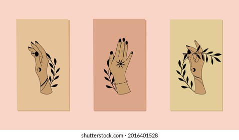 Set alchemy esoteric mystical magic celestial talisman with woman hands, sun, moon, stars sacred geometry isolated. Spiritual occultism object. Vector illustrations in black outline style.