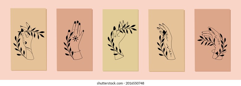Set alchemy esoteric mystical magic celestial talisman with woman hands, sun, moon, stars sacred geometry isolated. Spiritual occultism object. Vector illustrations in black outline style.