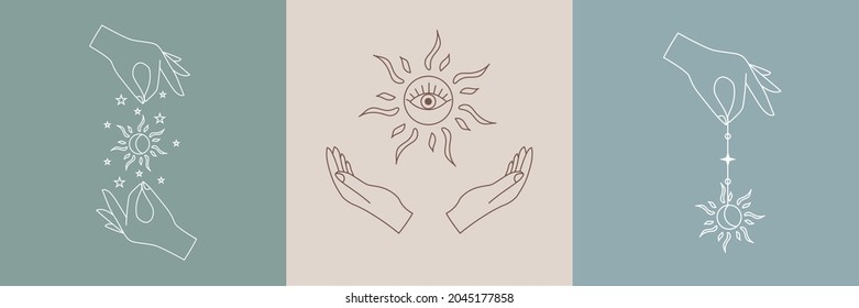 Set of alchemy esoteric mystical magic talisman with woman hands, sun, sacred geometry isolated. Spiritual occultism vector object. 
