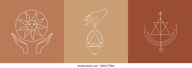 Set of alchemy esoteric mystical magic talisman with woman hands, sun, arrow, sacred geometry isolated. Spiritual occultism vector object. 
