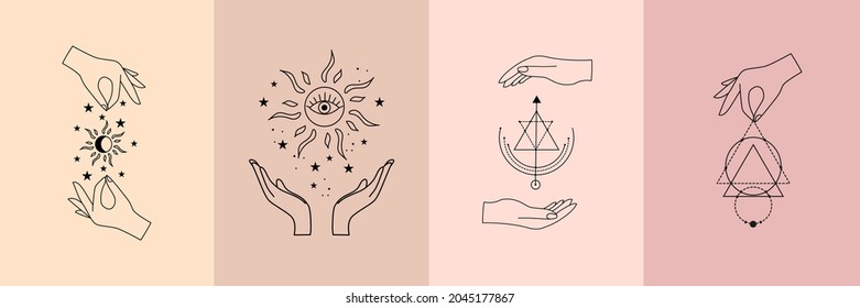 Set of alchemy esoteric mystical magic talisman with woman hands, sun, sacred geometry isolated. Spiritual occultism vector object. 
