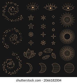 Set of alchemy esoteric mystical magic celestial icons, sun, moon phases, stars. Golden magical asmr icons and logos, minimalistic vector illustrations