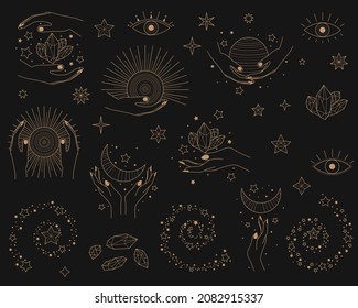 Set of alchemy esoteric mystical magic celestial icons, sun, moon phases, stars. Golden magical asmr icons and logos, minimalistic vector illustrations