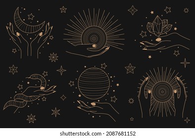 Set Of Alchemy Esoteric Mystical Magic Celestial Icons, Sun, Moon Phases, Stars. Golden Magical Asmr Icons And Logos, Minimalistic Vector Illustrations