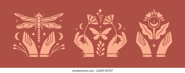 Set of alchemy esoteric mystical magic clip arts with woman hands, flowers, plants, dragonfly, butterfly, leaves, berries, moons, stars. Esoteric illustrations for tattoo boho, witchcraft wall art.