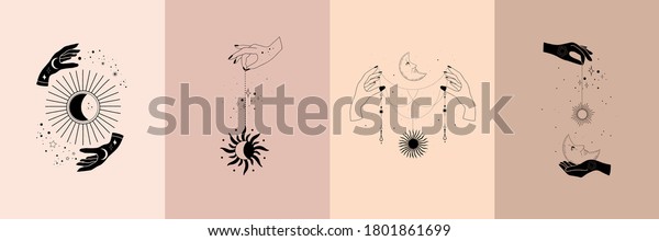 Set of alchemy esoteric mystical magic celestial\
talisman with woman hands, sun, moon, stars sacred geometry\
isolated. Spiritual occultism object. Vector illustrations in black\
outline style