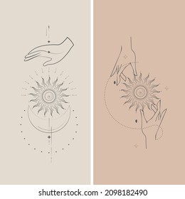 A set of alchemy, esoteric, mystical, magical elements, heavenly talisman with female hands, sun, moon, stars, sacred geometry. Vector file, 2 types