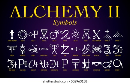 Set of Alchemy Symbols. It is an ancient practice shrouded in mystery and secrecy. Its practitioners mainly sought to turn lead into gold.