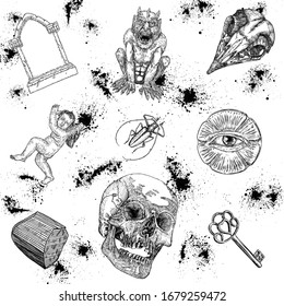 Set of alchemy, witchcraft magic, and occult mysticism with various occultism symbols. Antique gravestone or tombstones grave, bird skull, demon, angel, bug, insect, skull, key, crystal, eye. Vector.