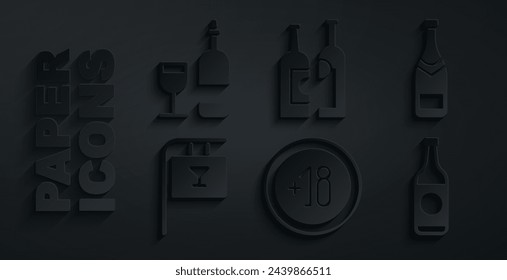 Set Alcohol 18 plus, Champagne bottle, Street signboard with Bar, Beer, Bottles of wine and Wine glass icon. Vector