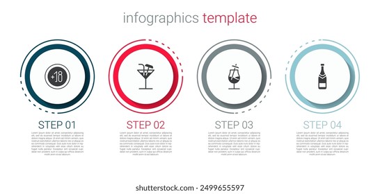 Set Alcohol 18 plus, Cocktail,  and Champagne bottle. Business infographic template. Vector