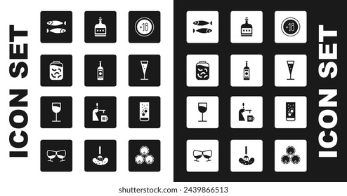 Set Alcohol 18 plus, Glass bottle of vodka, Pickled cucumbers in jar, Dried fish, champagne, drink Rum, Effervescent tablets water and Wine glass icon. Vector
