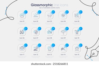 Set of Alcohol addiction, Cardio training and Dog paw line icons for web app. Vaccine announcement, Mental health, Clean skin icons. First aid, Medical drugs, Mountain bike signs. Vector