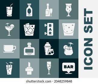 Set Alcohol bar location, Cocktail, Glass of rum, Champagne bottle and glass, whiskey,  and Street signboard with Bar icon. Vector
