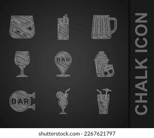 Set Alcohol bar location, Cocktail, shaker, Street signboard with Bar, Wine glass, Wooden beer mug and Glass of whiskey icon. Vector