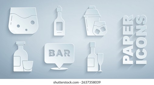 Set Alcohol bar location, Cocktail shaker, drink Rum, Champagne bottle and glass,  and Glass of whiskey icon. Vector